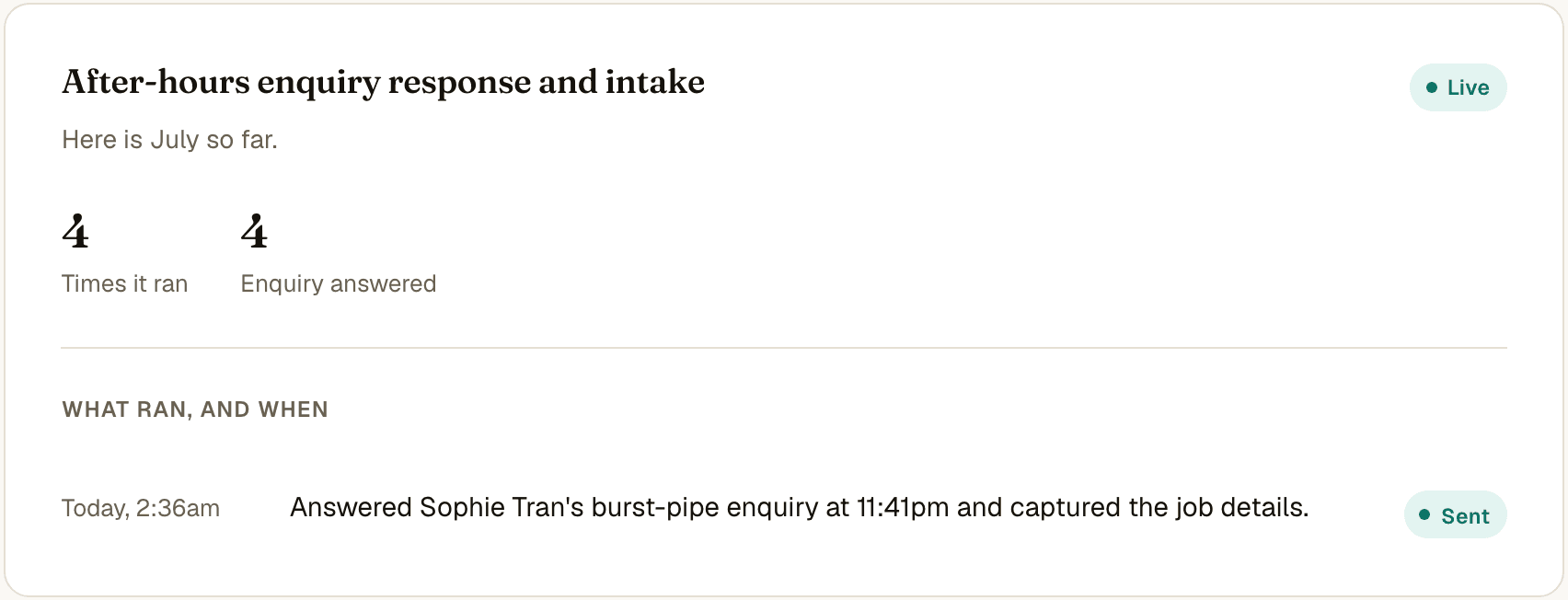 The after-hours enquiry view on the client dashboard: monthly tallies and a feed of enquiries answered overnight