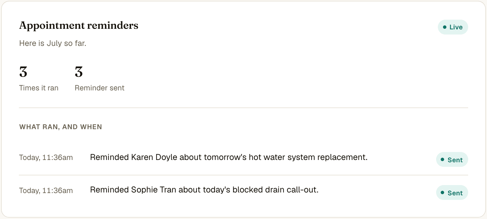 The appointment reminders view on the client dashboard: reminders sent ahead of upcoming bookings