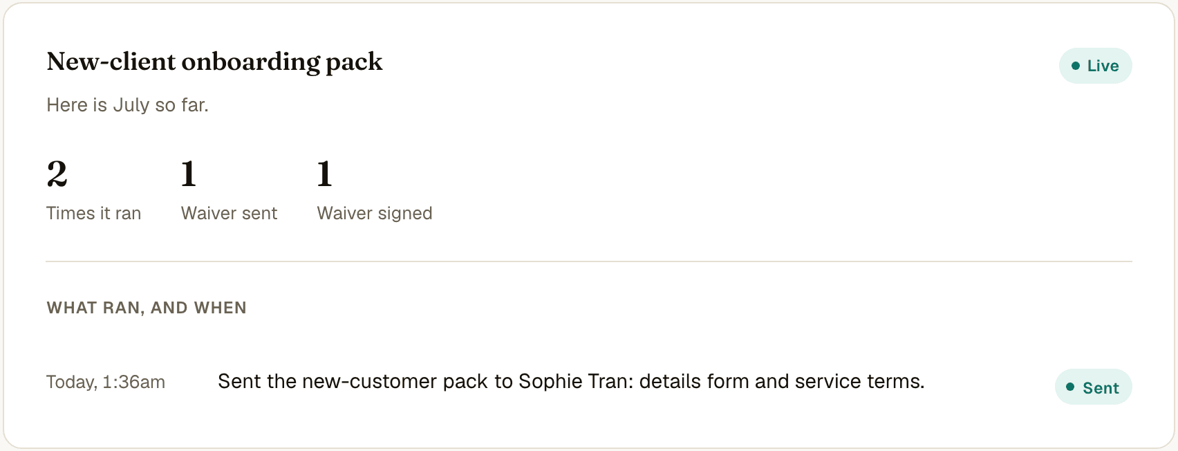 The onboarding pack view on the client dashboard: packs sent and signed details forms