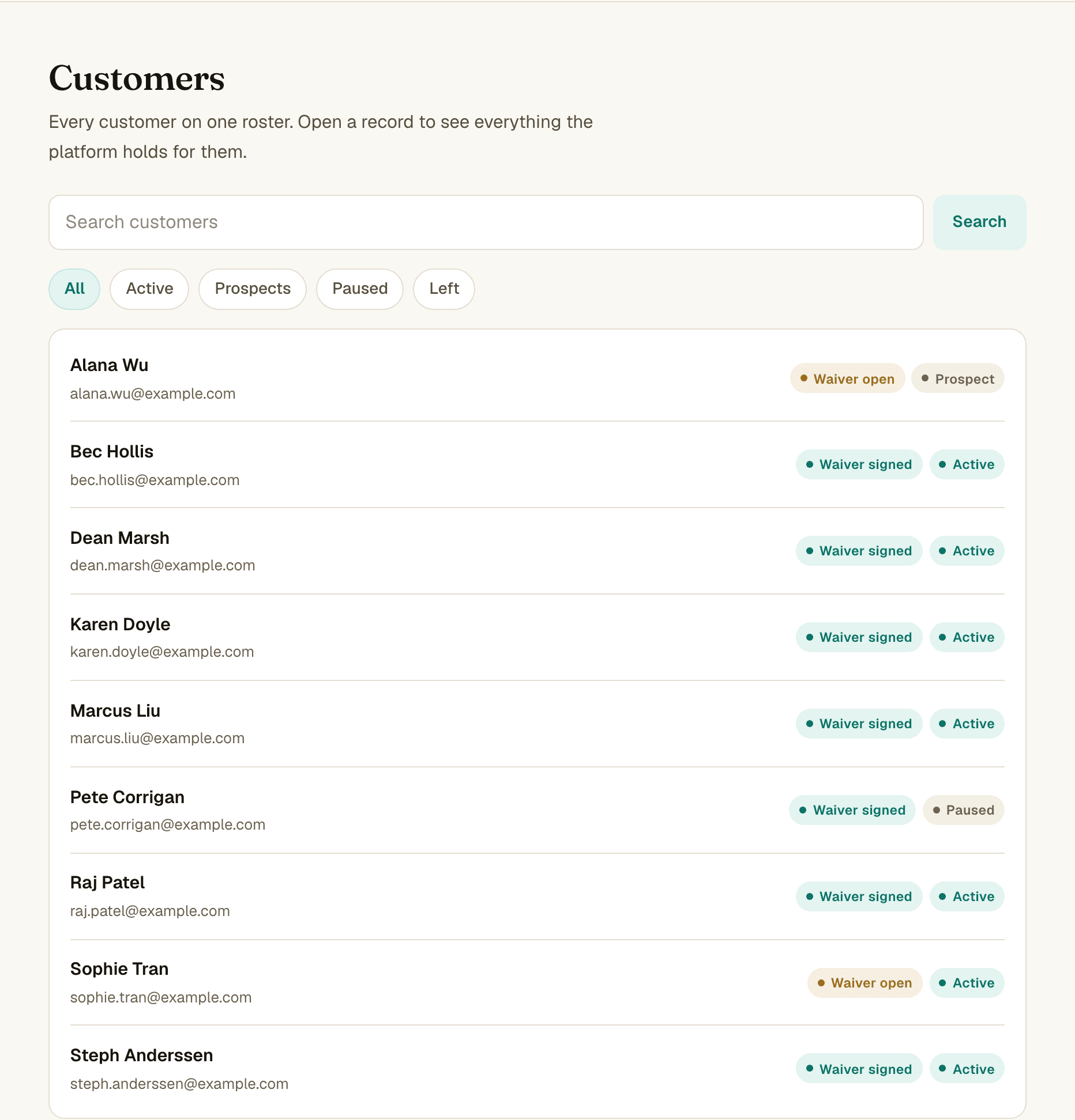 The customer roster on the client dashboard: every customer with live status and waiver pills