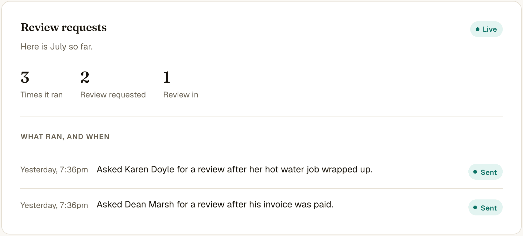 The review requests view on the client dashboard: asks sent this month and reviews received